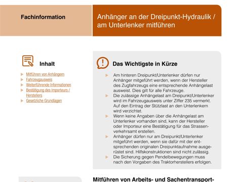 Merkblatt: Anhänger an der Dreipunkt-Hydraulik / am Unterlenker mitführen