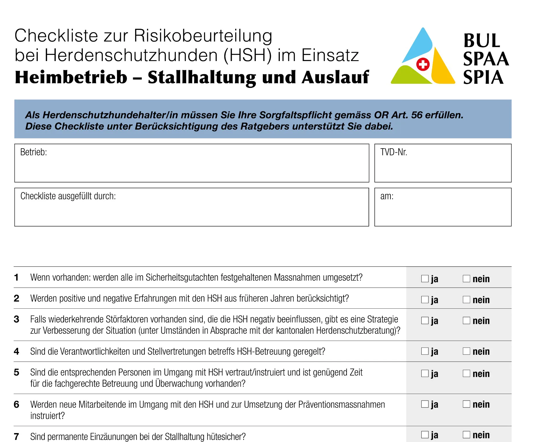Checkliste zur Risikobeurteilung bei Herdenschutzhunden (HSH) "Heimbetrieb – Stallhaltung und Auslauf"