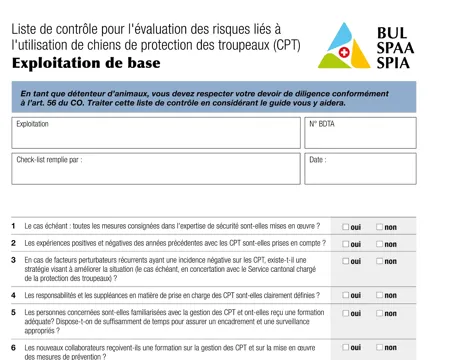 Liste de contrôle pour l'évaluation des risques liés à l'utilisation de chiens de protection des troupeaux (CPT) "Exploitation de base"