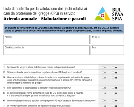Lista di controllo per la valutazione dei rischi relativi ai cani da protezione del gregge (CPG) "Azienda annuale – Stabulazione e pascoli"
