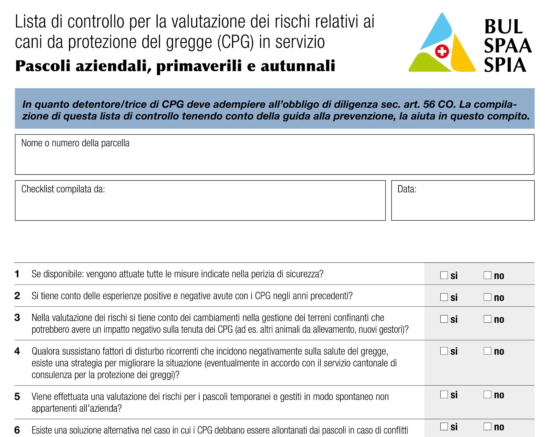 Lista di controllo per la valutazione dei rischi relativi ai cani da protezione del gregge (CPG) "Pâturages de l