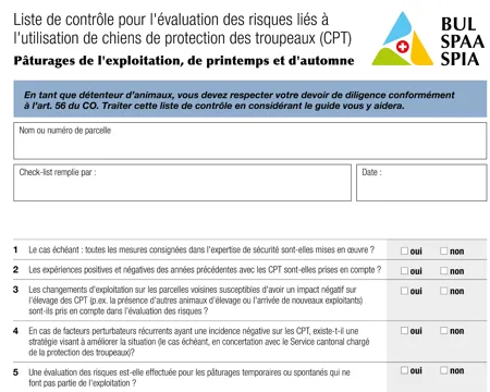 Liste de contrôle pour l'évaluation des risques liés à l'utilisation de chiens de protection des troupeaux (CPT) "Pâturages de l'exploitation, de printemps et d'automne"