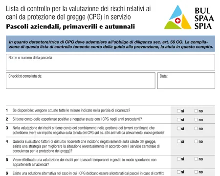 Lista di controllo per la valutazione dei rischi relativi ai cani da protezione del gregge (CPG) "Pâturages de l'exploitation, de printemps et d'automne"