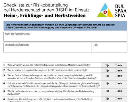 Checkliste zur Risikobeurteilung bei Herdenschutzhunden (HSH) "Heim-, Frühlings- und Herbstweiden"