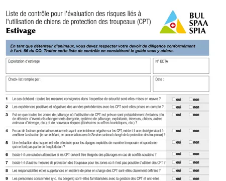 Liste de contrôle pour l'évaluation des risques liés à l'utilisation de chiens de protection des troupeaux (CPT) "Estivage"