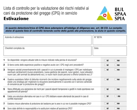 Lista di controllo per la valutazione dei rischi relativi ai cani da protezione del gregge (CPG) "Estivazione"