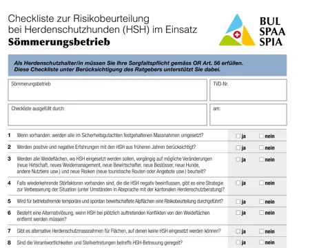 Checkliste zur Risikobeurteilung bei Herdenschutzhunden (HSH) "Sömmerungsbetrieb"